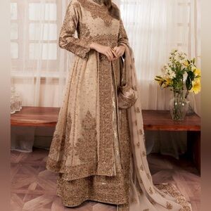Elegant Embroidered Women's Dress in Beige Gold